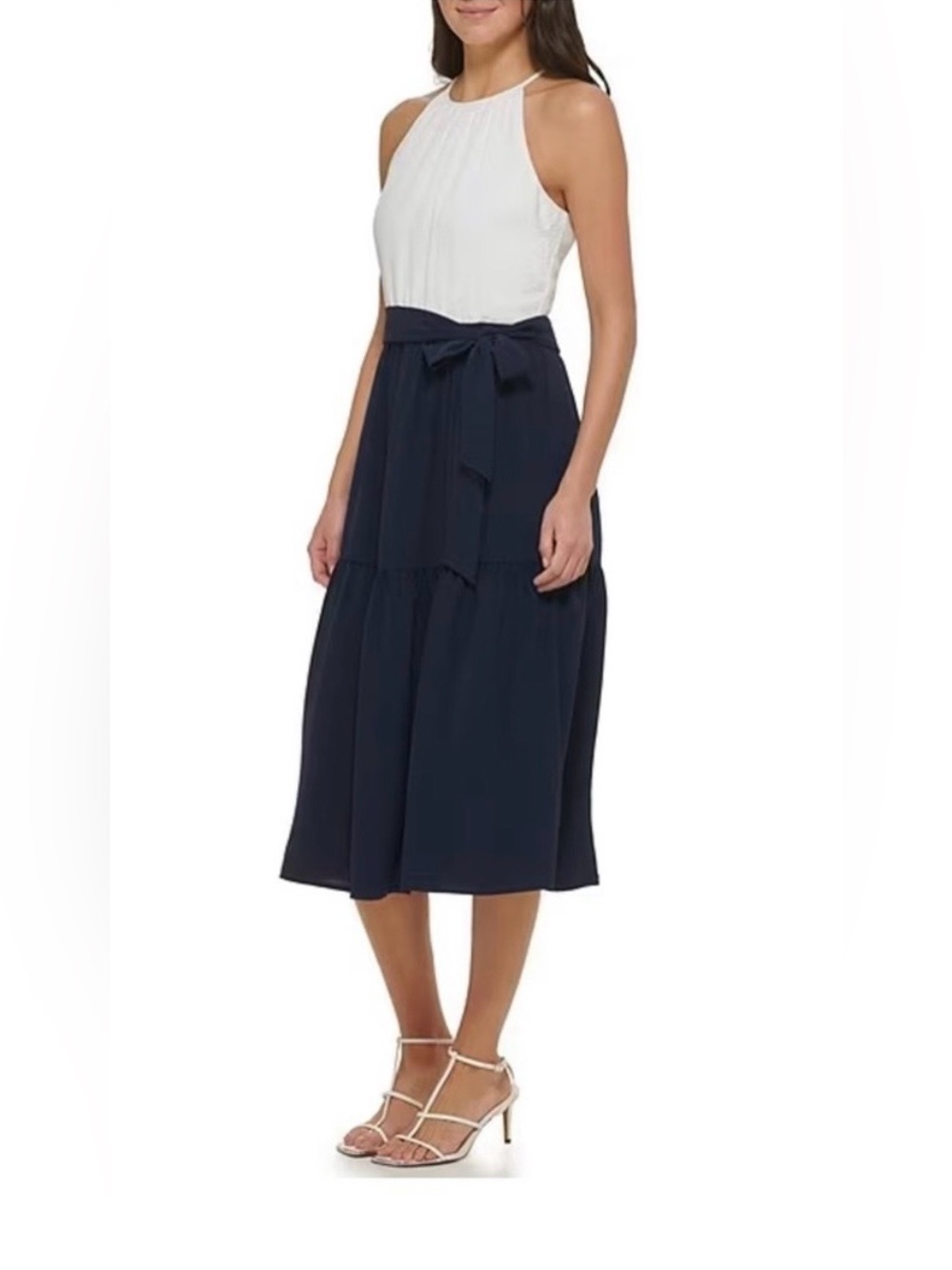 Dkny Navy Tiered Midi Skirt with Sash Tie Waist